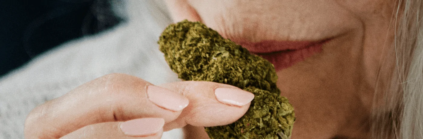Acheter CBD, CBD shop : femme âgée qui savoure une fleur de chanvre